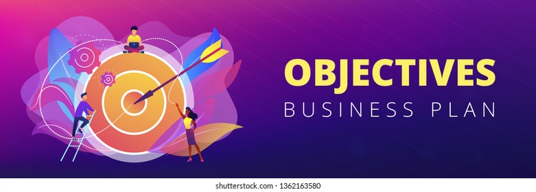 Businessmen working and woman at big target with arrow. Goals and objectives, business grow and plan, goal setting concept on white background. Header or footer banner template with copy space.