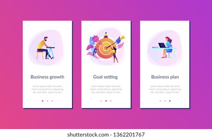 Businessmen working and woman at big target with arrow. Goals and objectives, business grow and plan, goal setting concept on white background. Mobile UI UX GUI template, app interface wireframe