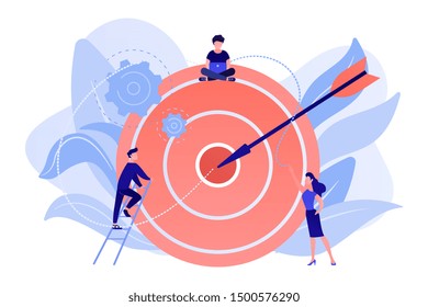 Businessmen Working And Woman At Big Target With Arrow. Goals And Objectives, Business Grow And Plan, Goal Setting Concept On White Background. Living Coral Blue Vector Isolated Illustration