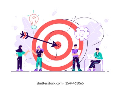 Businessmen working and woman at big target with arrow. Goals and objectives, business grow and plan, goal setting concept on white background. Flat bright vibrant violet vector isolated illustration