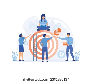 Businessmen working and woman at big target with arrow. flat vector modern illustration 