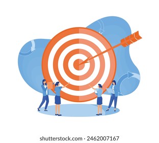 Businessmen working and woman at big target arrow. Internal marketing, company goals promotion, employee engagement concept. flat vector modern illustration 