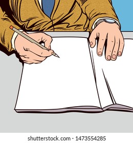 Businessmen are write a message. He examines the documents.Retro pop art 
comic vector illustrations.