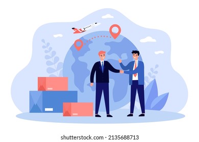 Businessmens agreement on international delivery by plane. Handshake and deal of tiny male partners flat vector illustration. Export, logistics concept for banner, website design or landing web page