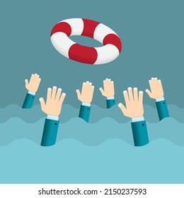 businessmen's hands reach for the lifeline - financial assistance consept. flat vector illustration, lifebuoy icon