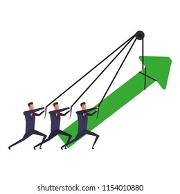 Businessmens pulling arrow up with rope