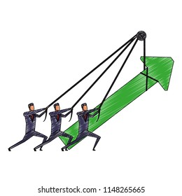 Businessmens pulling arrow up with rope scribble