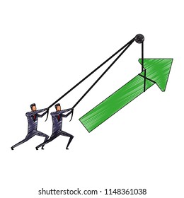 Businessmens pulling arrow up with rope scribble