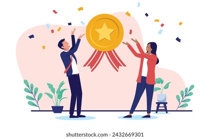 Businesspeople achievement - Two successful people winning award medal and trophy for great work and performance in corporate company. business accomplishment and success concept in flat design vector