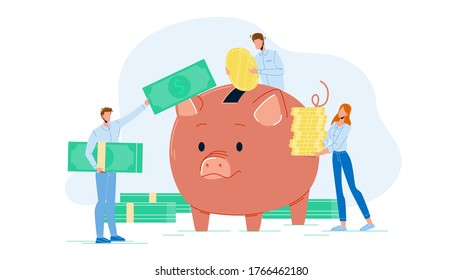 Businesspeople Add Money To Piggy Bank Vector. Man And Girl Adding Coin And Dollar Banknotes In Money Bag. Characters Nusiness Partner Profit, Investment Crowdfunding Flat Cartoon Illustration