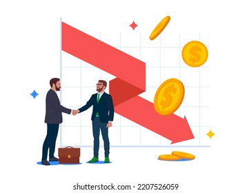 Businesspeople agreement standing handshake chart going down. Recession crisis crash depression. Flat vector illustration.