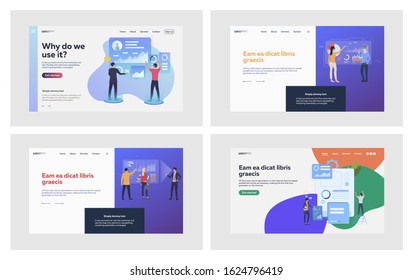 Businesspeople analyzing infographics set. Interactive, diagrams, virtual presentations . Flat vector illustrations. Business, VR technology concept for banner, website design or landing web page