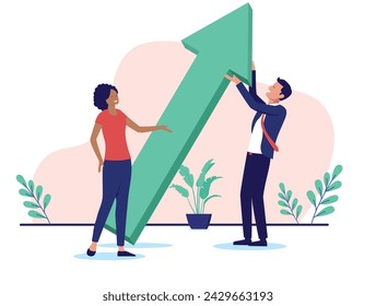 Businesspeople and arrow pointing up - Two people lifting and assisting in company and business growth. Company improvement, progress and profits concept in flat design vector illustration