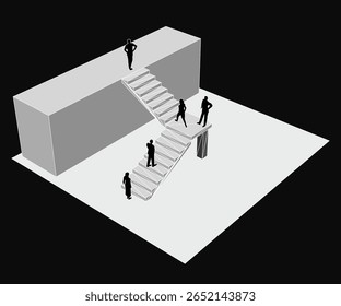 Businesspeople ascend a glowing staircase in a dark environment, symbolizing progress and ambition. The animated steps create a dynamic sense of movement and energy.