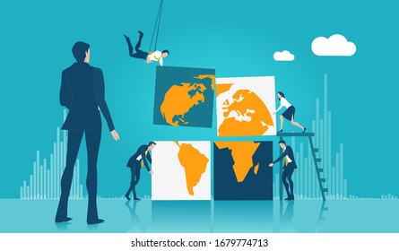 Businesspeople assembling world map. Working together, global business concept