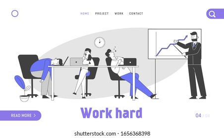 Businesspeople Boring at Meeting Presentation Website Landing Page. Businessman Explain Company Strategy, Boring Employees Sleeping at Desk Web Page Banner. Cartoon Flat Vector Illustration Linear