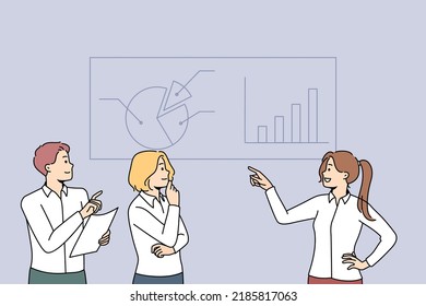 Businesspeople brainstorm discuss financial graphs together in office. Employees talk consider diagrams at meeting at workplace. Teamwork. Vector illustration. 