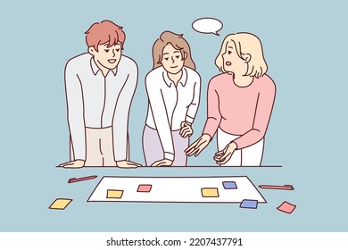 Businesspeople brainstorm at office meeting discuss business ideas with sticky notes together. Smiling employees or colleagues engaged in teamwork activity. Vector illustration. 