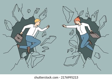 Businesspeople Break Wall Strive For Business Success Or Career Achievement. Motivated Employees Overcome Challenges Reaching Goals. Vector Illustration. 