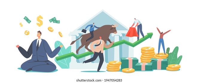 Businesspeople Brokers or Traders Characters Analyse Global Fond and Finance News for Buying and Selling Bonds on Rising Price. People Trading on Bull Stock Market. Cartoon Vector Illustration