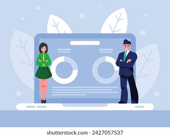 Businesspeople and business analytics. Business statistics and analytics. Financial reports on laptop screen. Data analysis program. Creation of reports and declarations. Vector graphics