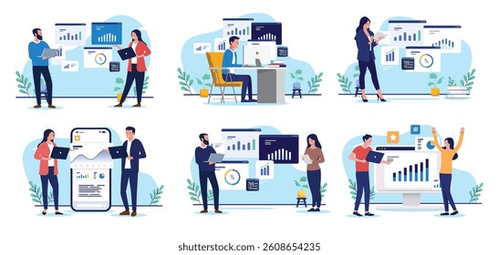 Businesspeople with business charts, data and graphs vector collection -  Set of illustrations with people analysing and looking at company results and financial information in flat design style