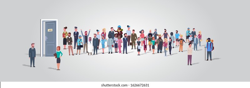 businesspeople candidates standing in line queue to door office hiring job employment concept different occupation workers group waiting for interview horizontal full length vector illustration