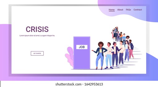 businesspeople candidates standing in line queue to door office hiring job employment crisis concept mix race workers crowd waiting for interview horizontal full length copy space vector illustration