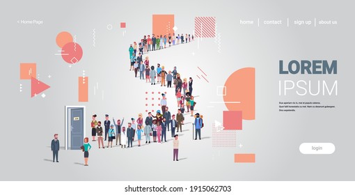 businesspeople candidates standing in line queue to door office hiring job employment concept different occupation workers group waiting for interview horizontal full length copy space vector