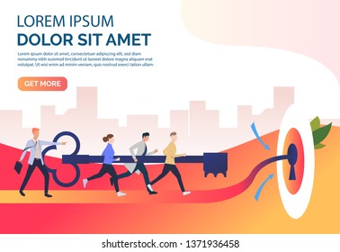 Businesspeople carrying key to unlock keyhole with sample text. Target, goal, team concept. Presentation slide template. Vector illustration can be used for topics like business, management, teamwork