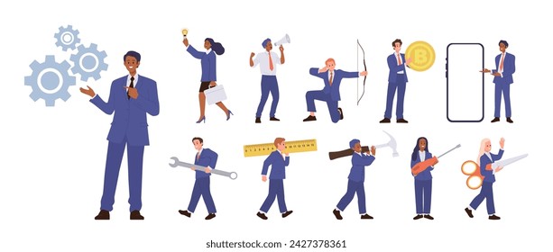 Businesspeople cartoon characters wearing formal suits working with different tools big set