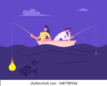 Businesspeople Catching Fish Sitting in Boat with Rods. Business Woman Having Glowing Light Bulb instead of Bait on Hook, Man Have no Lure, Fish Bite on Lightbulb. Cartoon Flat Vector Illustration