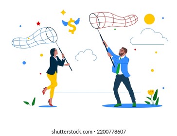 Businesspeople Catching Flying Dollar Sign with Butterfly Net. Financial Income Source Search. Flat Vector Illustration.