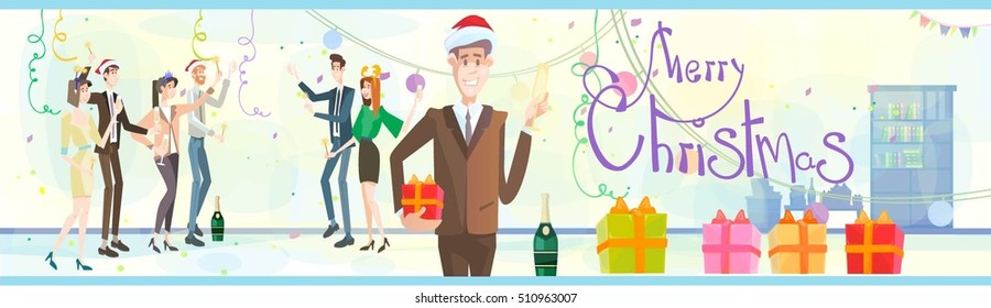 Businesspeople Celebrate Merry Christmas And Happy New Year Business People Team Santa Hat Flat Vector Illustration