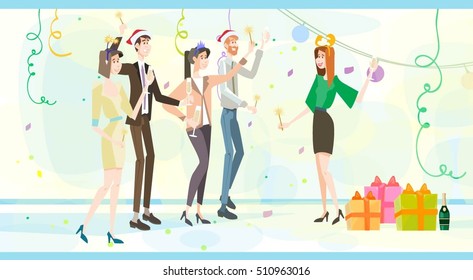 Businesspeople Celebrate Merry Christmas And Happy New Year Business People Team Santa Hat Flat Vector Illustration