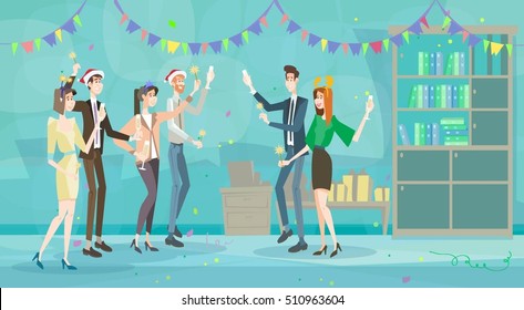 Businesspeople Celebrate Merry Christmas And Happy New Year Business People Team Santa Hat Flat Vector Illustration