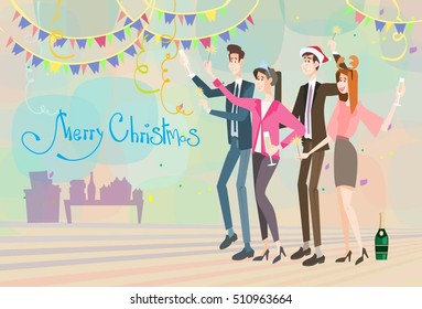 Businesspeople Celebrate Merry Christmas And Happy New Year Business People Team Santa Hat Flat Vector Illustration