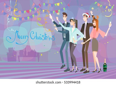 Businesspeople Celebrate Merry Christmas And Happy New Year Business People Team Santa Hat Flat Vector Illustration