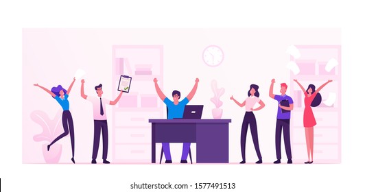 Businesspeople Celebrate Project Development and Reach Target in Office. Company Teamwork Collaboration of People Work Together. Business Process Workflow Management. Cartoon Flat Vector Illustration