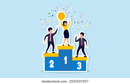 Businesspeople are celebrating the champion, with the first-place winner receiving bitcoin, illustration of success in the competition among entrepreneurs to collect bitcoin assets
