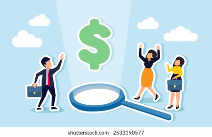 Businesspeople celebrating a dollar sign highlighted by light from a magnifying glass, illustration of results from the analysis of increasing dollar valuation  