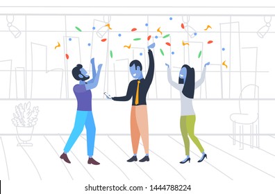 businesspeople celebrating event colleagues raising arms party confetti business people having fun men women with joyful emotions office interior sketch doodle horizontal full length