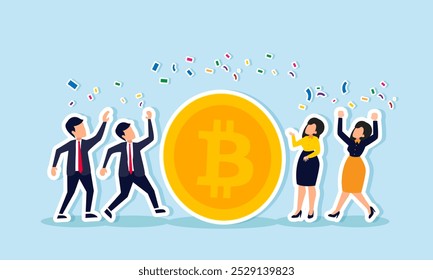 Businesspeople celebrating a giant bitcoin, illustration of success in bitcoin investment methods  