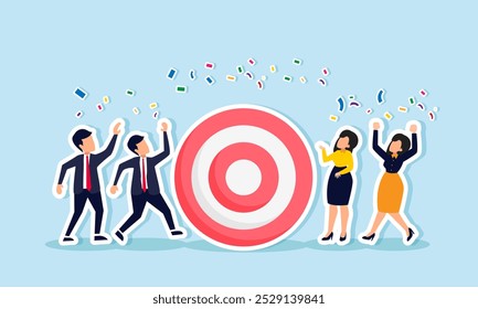 Businesspeople celebrating a giant target board, illustration of success in achieving the business targets set for the team  
