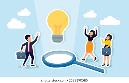 Businesspeople celebrating a lightbulb highlighted by light from a magnifying glass, illustration of results from the analysis of successful innovation and idea implementation for business growth  