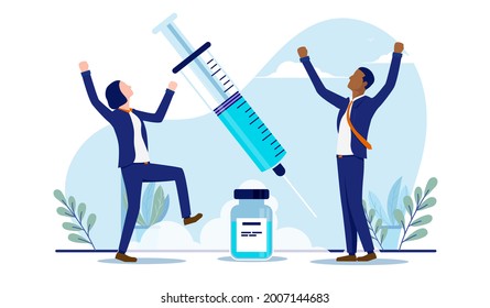 Businesspeople Celebrating Vaccine - Two People Cheering And Being Happy For Vaccination And Returning To Work. Vector Illustration