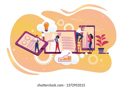 Businesspeople Characters Communicate Moving among Huge Gadgets, Smartphone, Tablet and Laptop. Business Team Working Together. Colleagues Cooperation in Office. Cartoon Flat Vector Illustration, Icon
