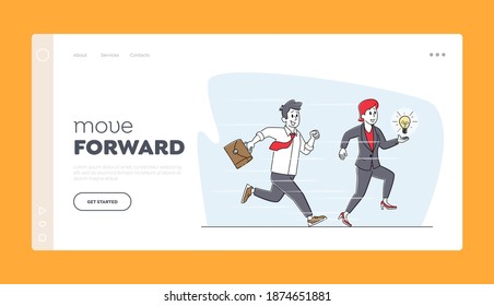 Businesspeople Characters Competition Landing Page Template. Business Man with Briefcase and Woman Holding Glowing Light Bulb Running. Successful Business Leaders. Linear People Vector Illustration