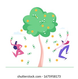 Businesspeople Characters Happily Jumping under Money Rain Falling from Tree with Dollar Banknotes and Golden Coins. Successful Business People Finance Freedom Concept. Cartoon Vector Illustration