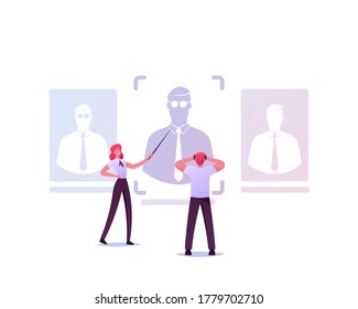 Businesspeople Characters Learning Client or Competitor Profile. KYC or Know Your Customer, Performance Management Concept, Business Verifying of Clients Identity. Cartoon People Vector Illustration